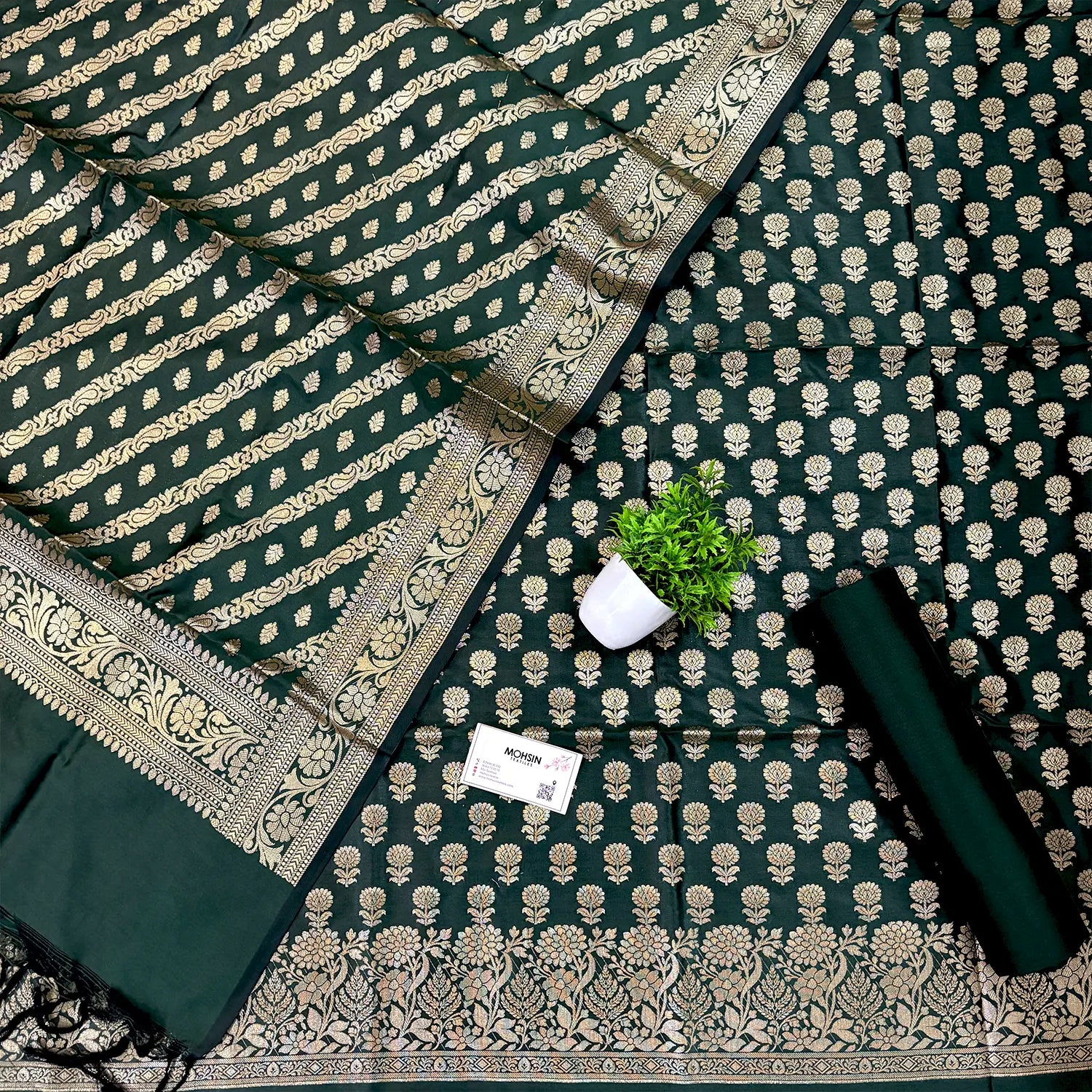Bottle Green Sunflower Katan Silk Banarasi Suit