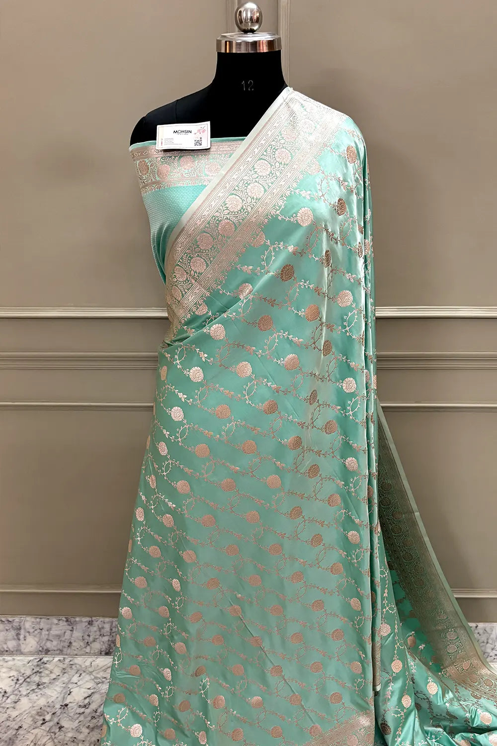 Mint Green Ropeway Jaal Katan Silk Banarasi Saree