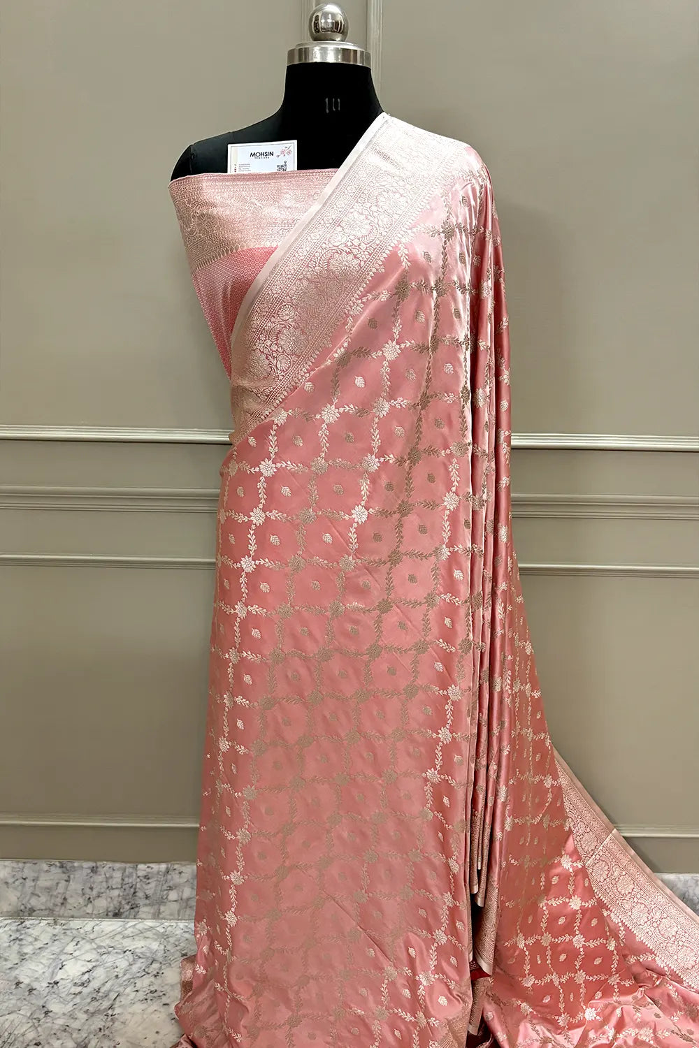 Peach Qaidi Buti Katan Silk Banarasi Saree