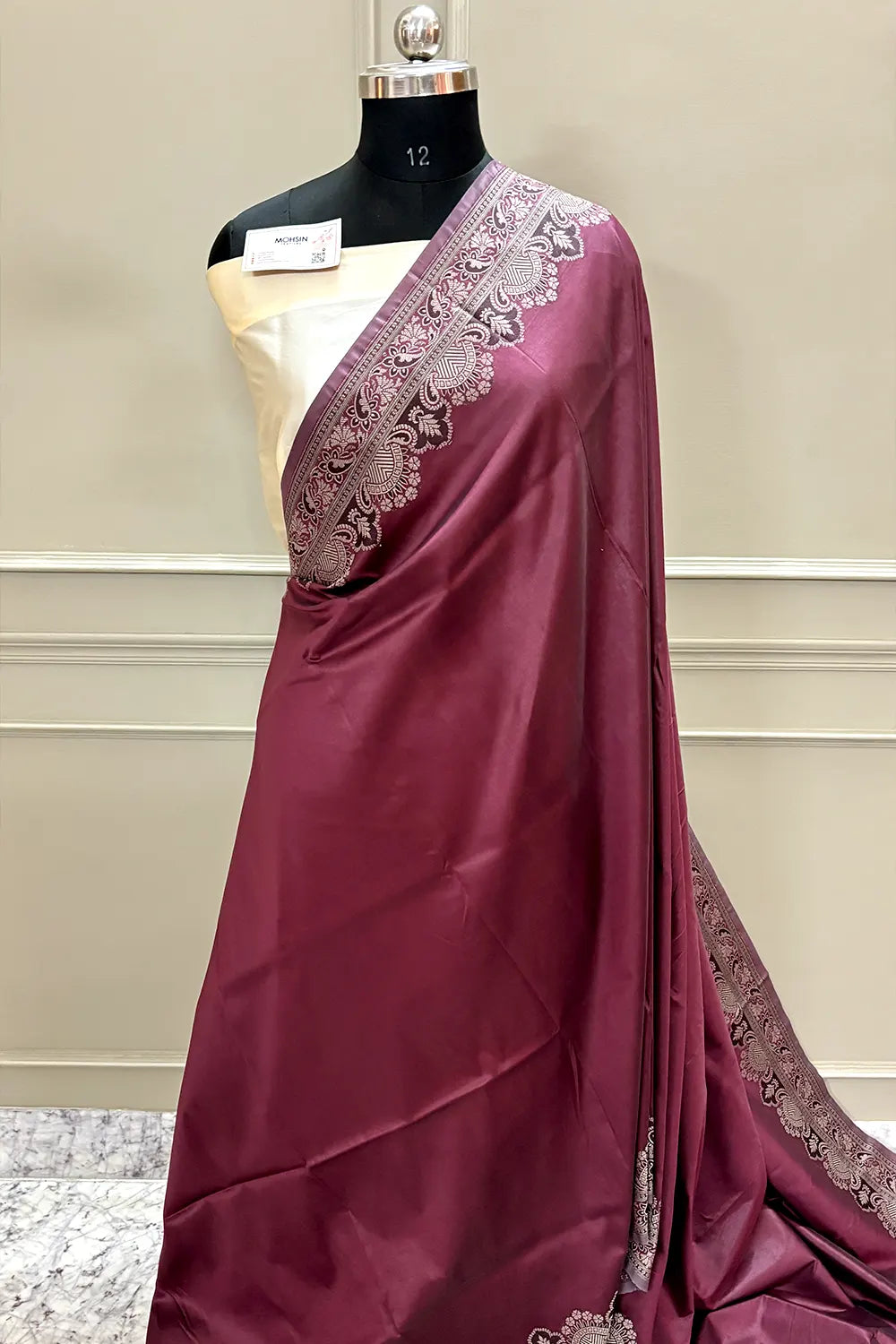 Wine and Beige Plain Resham Silk Banarasi Saree