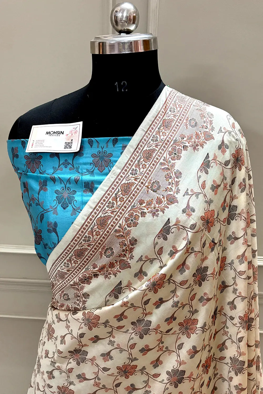 Beige and Firozi Resham Silk Banarasi Saree