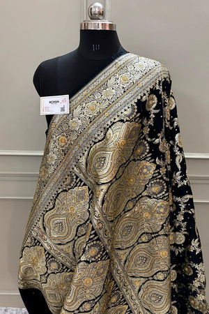 Black Shahanshahi Jaal Stone Work Katan Silk Banarasi Saree