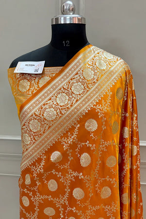 Mustard Pankhuri Jaal Katan Silk Banarasi Saree