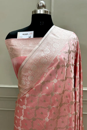 Peach Qaidi Buti Katan Silk Banarasi Saree