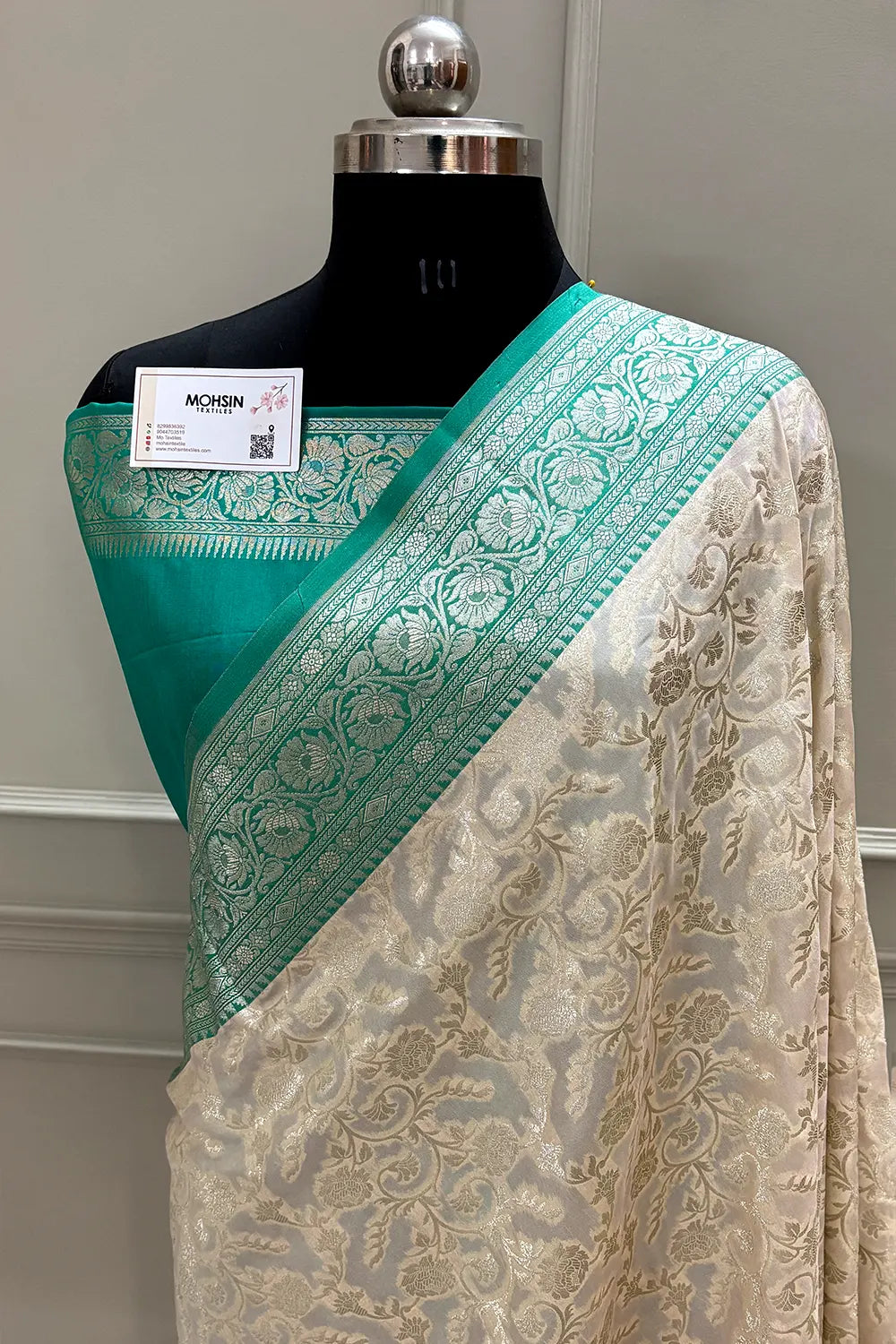 White and Sea Green Gulabi Jaal Katan Silk Banarasi Saree