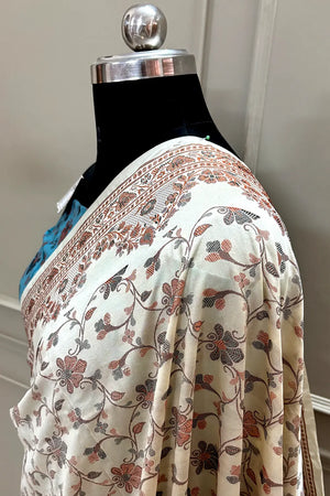 Beige and Firozi Resham Silk Banarasi Saree