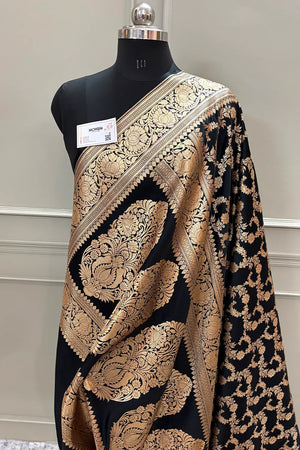 Black Moglai Jaal Katan Silk Banarasi Saree