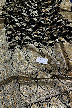 Black Shahanshahi Jaal Stone Work Katan Silk Banarasi Saree
