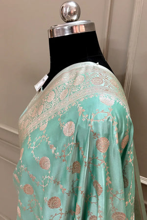 Mint Green Ropeway Jaal Katan Silk Banarasi Saree