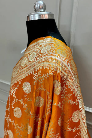 Mustard Pankhuri Jaal Katan Silk Banarasi Saree