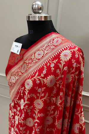Red Ganga Jamuna Crepe Silk Banarasi Saree
