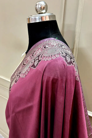 Wine and Beige Plain Resham Silk Banarasi Saree