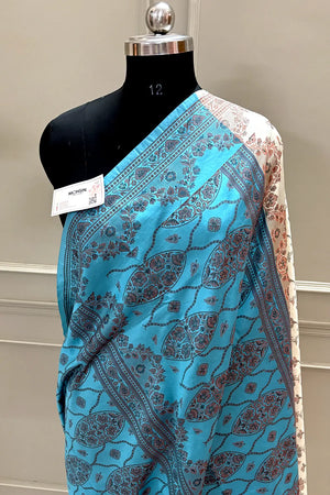 Beige and Firozi Resham Silk Banarasi Saree