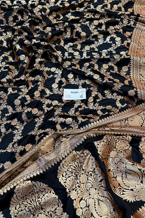 Black Moglai Jaal Katan Silk Banarasi Saree