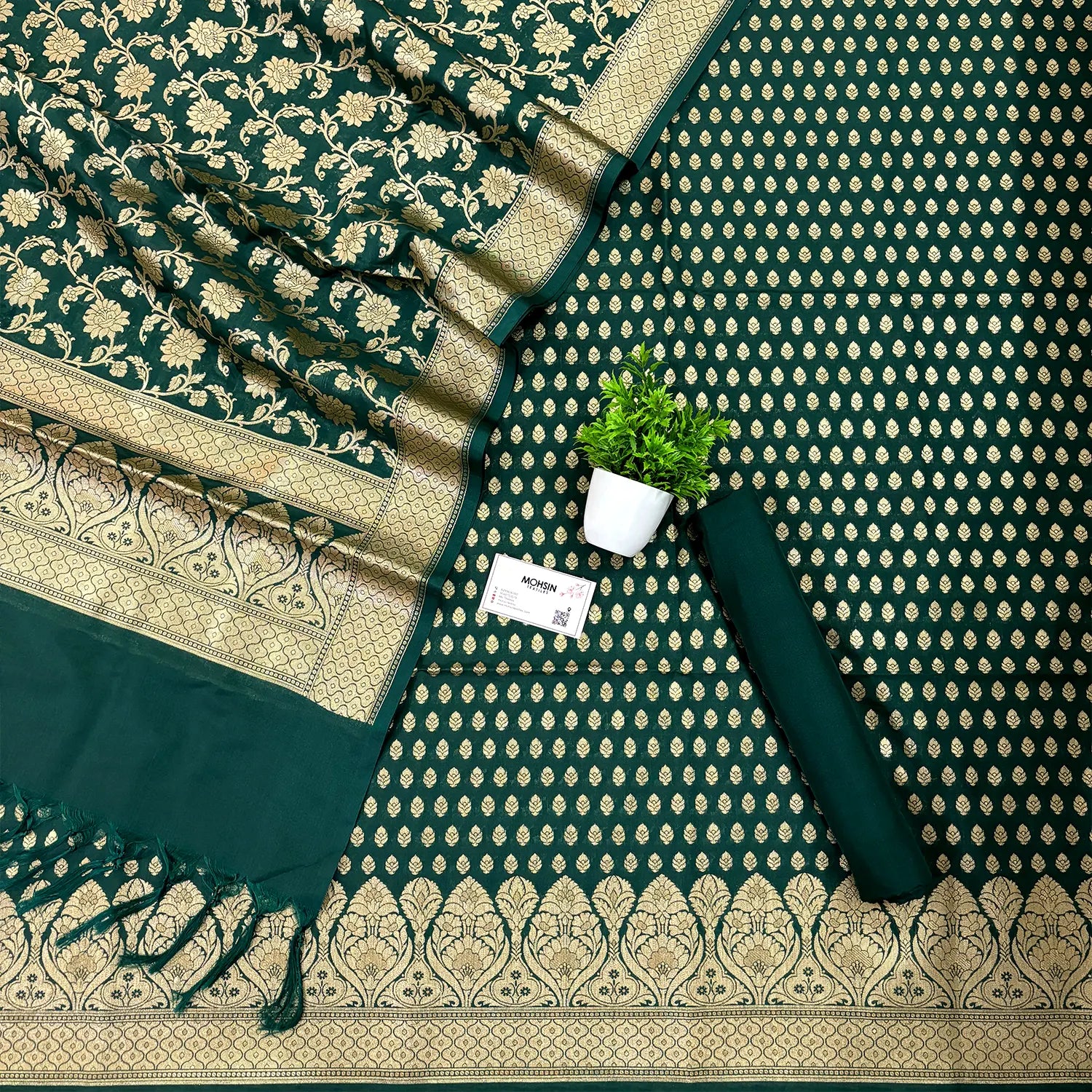 Bottle Green Kalli Buti Katan Silk Banarasi Suit