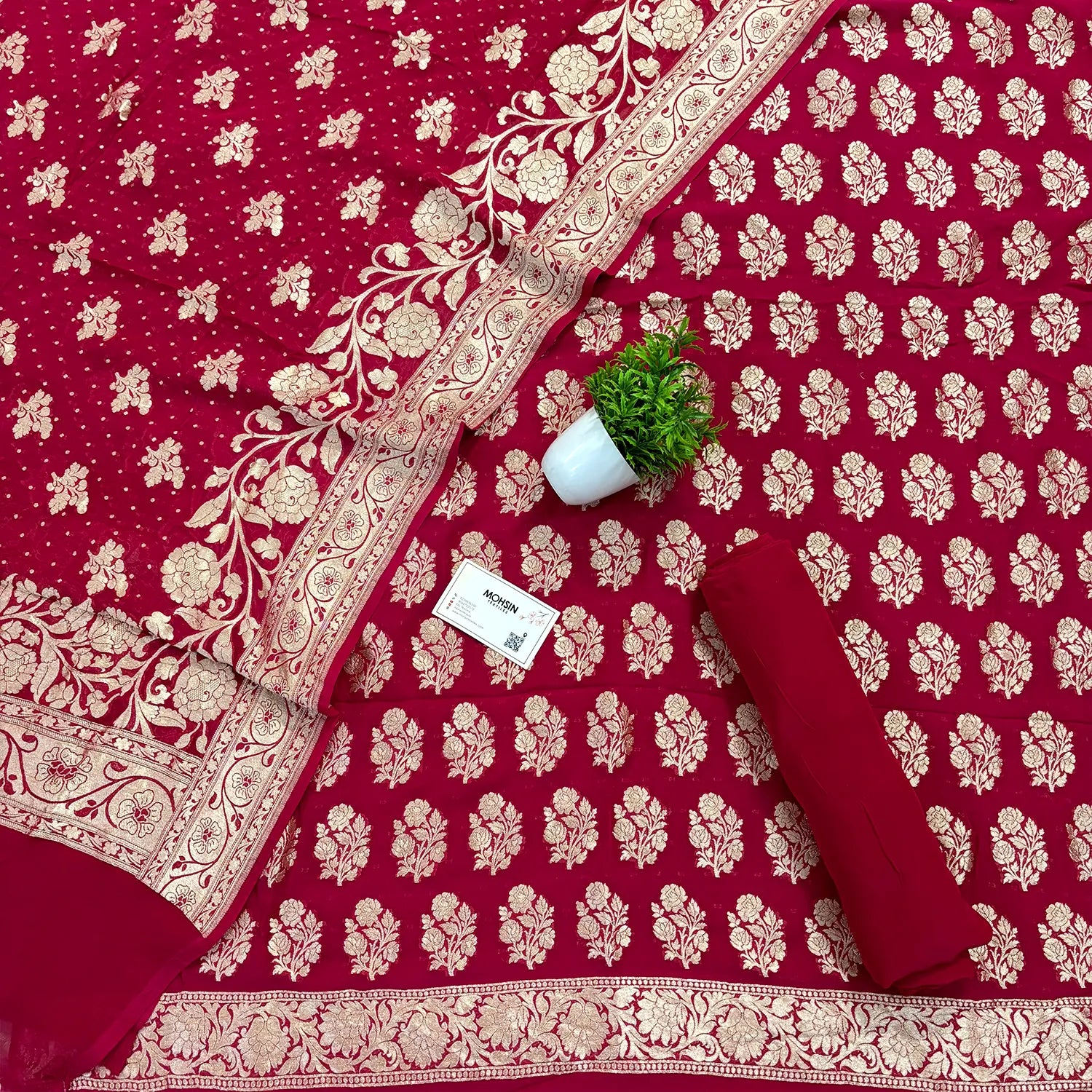 Pinkish Red Guldasta Pure Georgette Silk Banarasi Suit