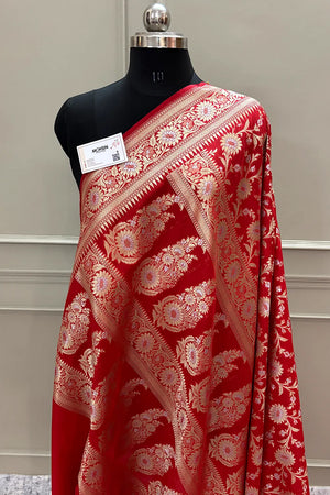 Red Ganga Jamuna Crepe Silk Banarasi Saree