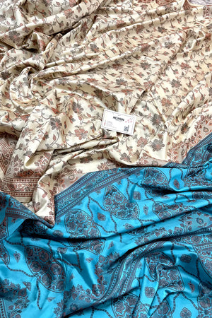 Beige and Firozi Resham Silk Banarasi Saree