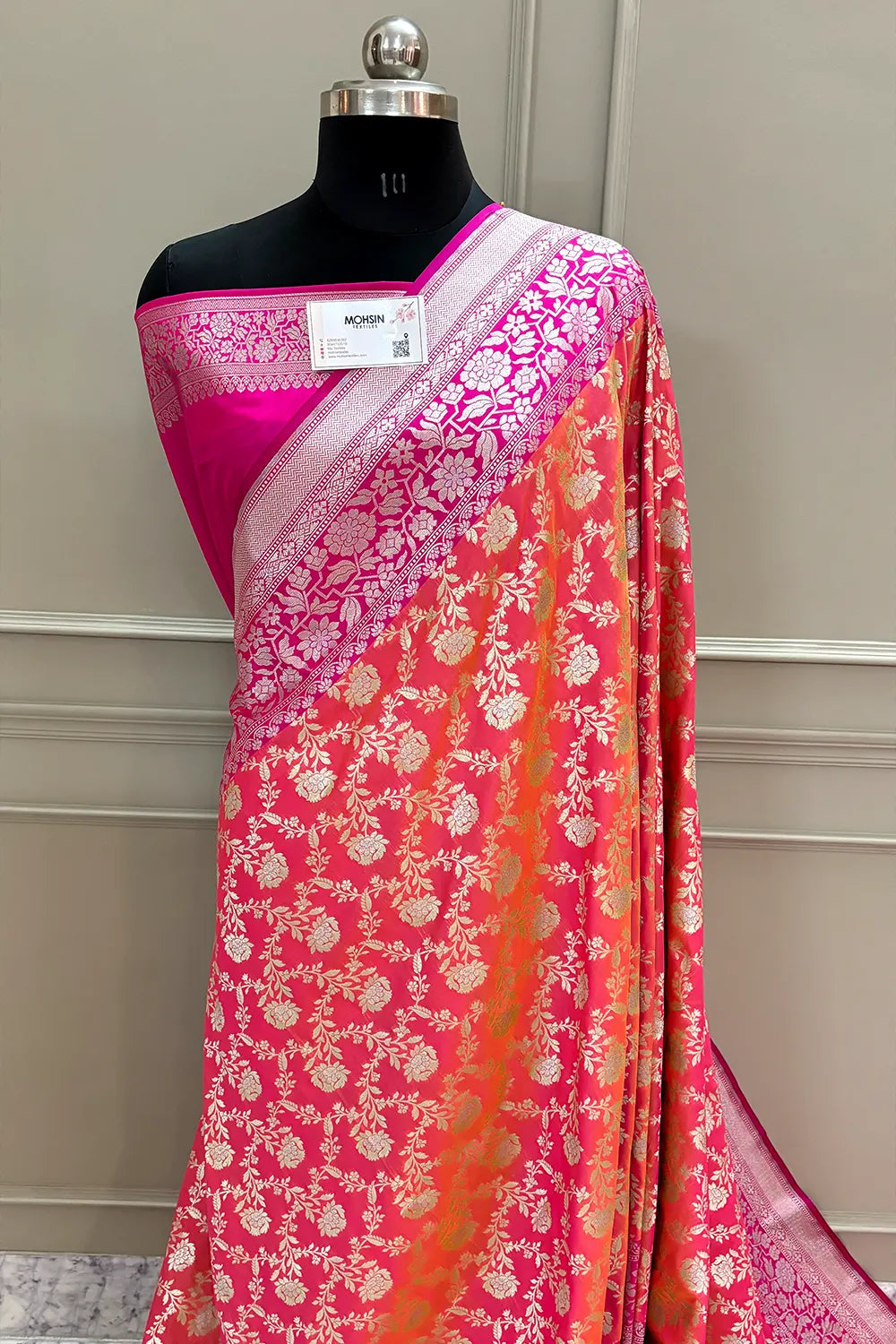 Peach and Pink Maharani Jaal Crepe Silk Banarasi Saree