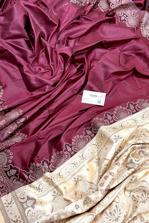 Wine and Beige Plain Resham Silk Banarasi Saree