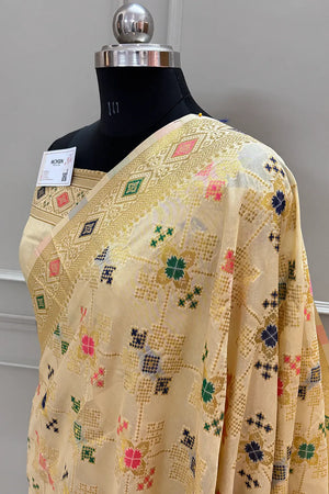 Beige Golden Zari Dola Silk Banarasi Saree