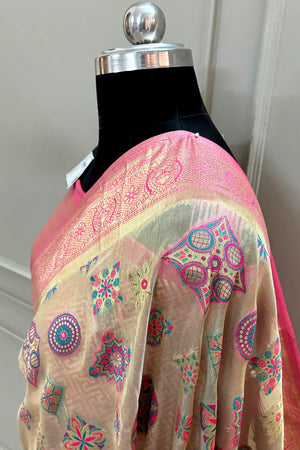Beige and Pink Golden Zari Tissue Silk Banarasi Saree