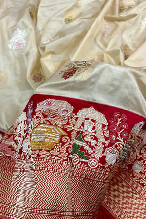 Beige and Red Handloom Pure Katan Silk Banarasi Saree