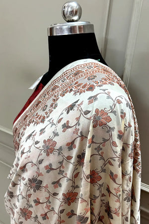 Beige and Red Resham Silk Banarasi Saree