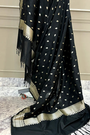 Black Golden Zari Katan Silk Banarasi Dupatta