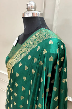 Bottle Green Golden Zari Katan Silk Banarasi Saree