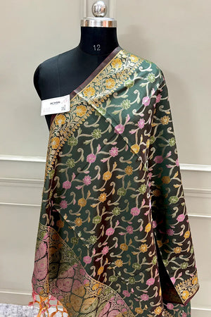 Bottle Green Zari Meena Cotton Silk Banarasi Dupatta