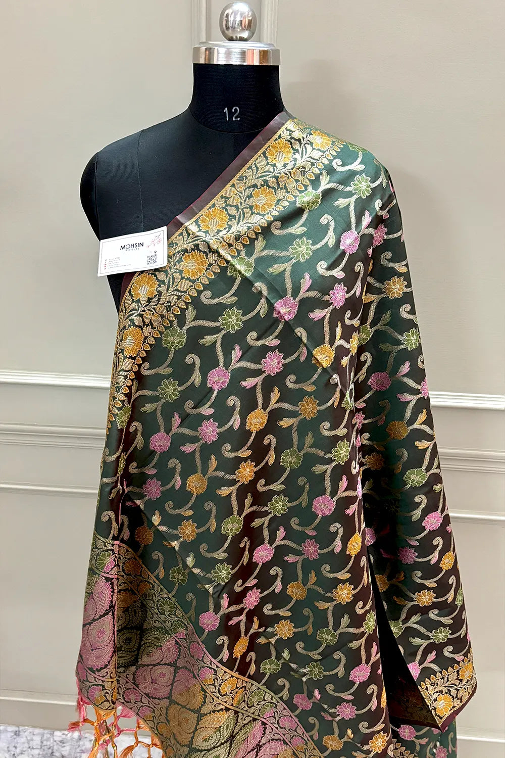 Bottle Green Zari Meena Cotton Silk Banarasi Dupatta