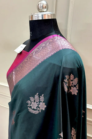 Bottle Green and Pink Golden Zari Banarasi Silk Saree