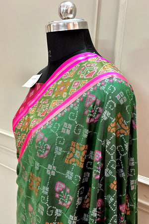 Bottle Green and Pink Resham Zari Banarasi Silk Saree