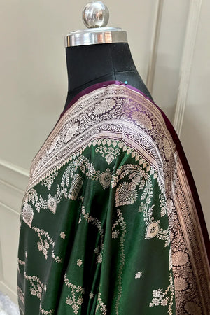 Bottle Green and Purple Golden Zari Katan Silk Banarasi Saree