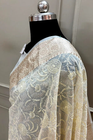 Cream Embroidery Organza Silk Banarasi Saree