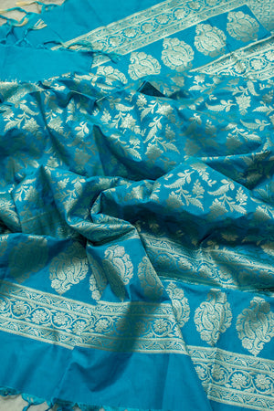 Firozi Golden Zari Katan Silk Banarasi Dupatta