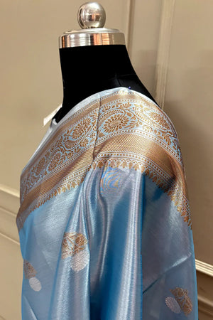 Firozi Golden Zari Tissue Silk Banarasi Saree