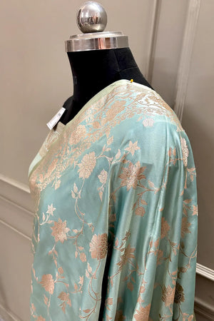 Firozi Kesari Jaal Katan Silk Banarasi Saree