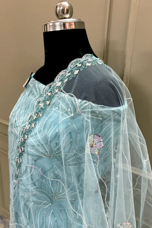 Firozi Sequence Embroidery Net Salwar Suit