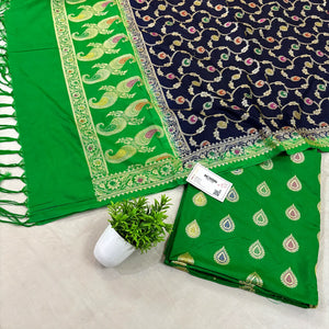 Green and Navy Blue Golden Zari Katan Silk Banarasi Suit