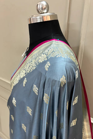 Grey Aatari Buti Katan Silk Banarasi Saree