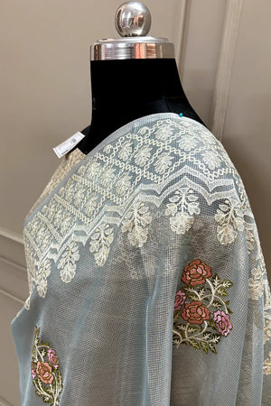 Grey Embroidery Tissue Silk Banarasi Saree