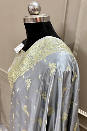 Grey Golden Zari Katan Silk Banarasi Saree