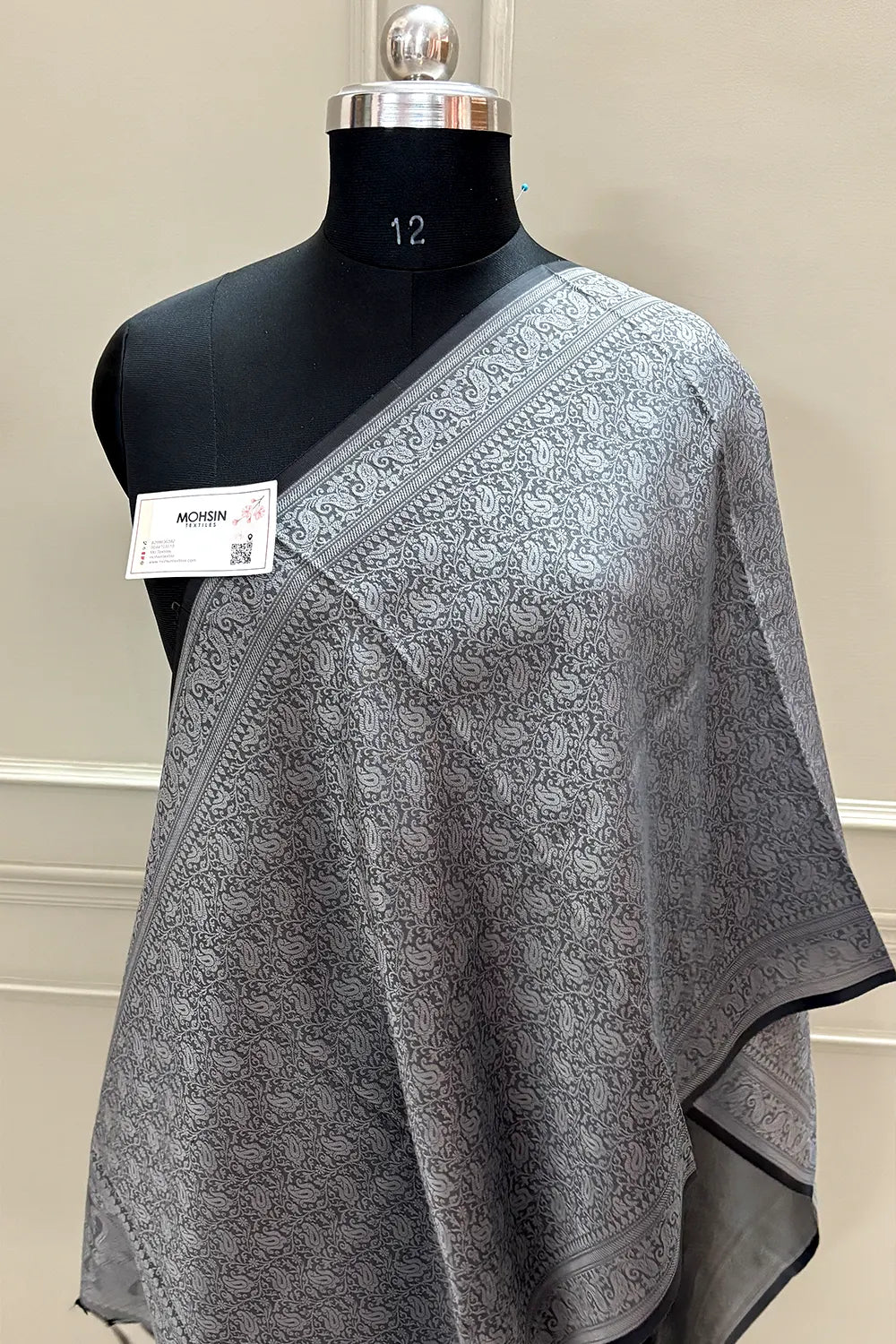 Grey Resham Zari Silk Banarasi Stole