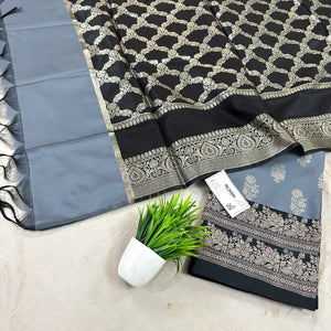 Grey and Black Phooldaan Buti Satin Silk Banarasi Suit