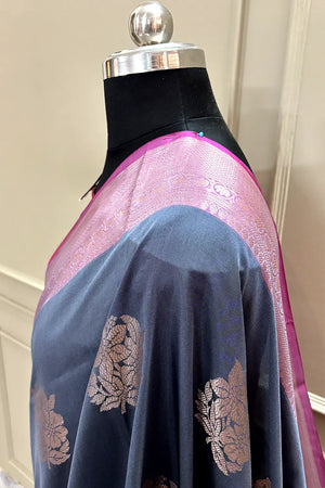 Grey and Pink Golden Zari Banarasi Silk Saree