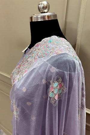 Lavender Embroidery Siroski Brasso Net Saree