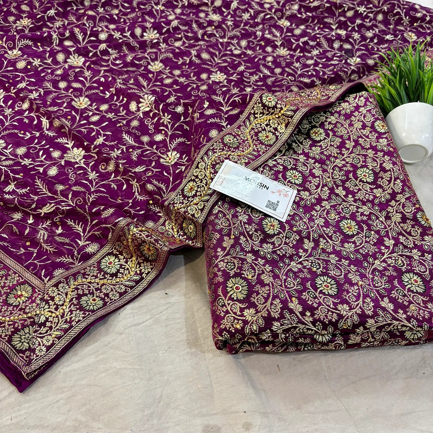 Magenta Stone Work Kimkhab Silk Banarasi Gharara