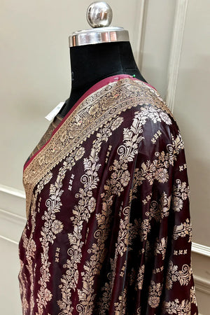Maroon Golden Zari Katan Silk Banarasi Saree